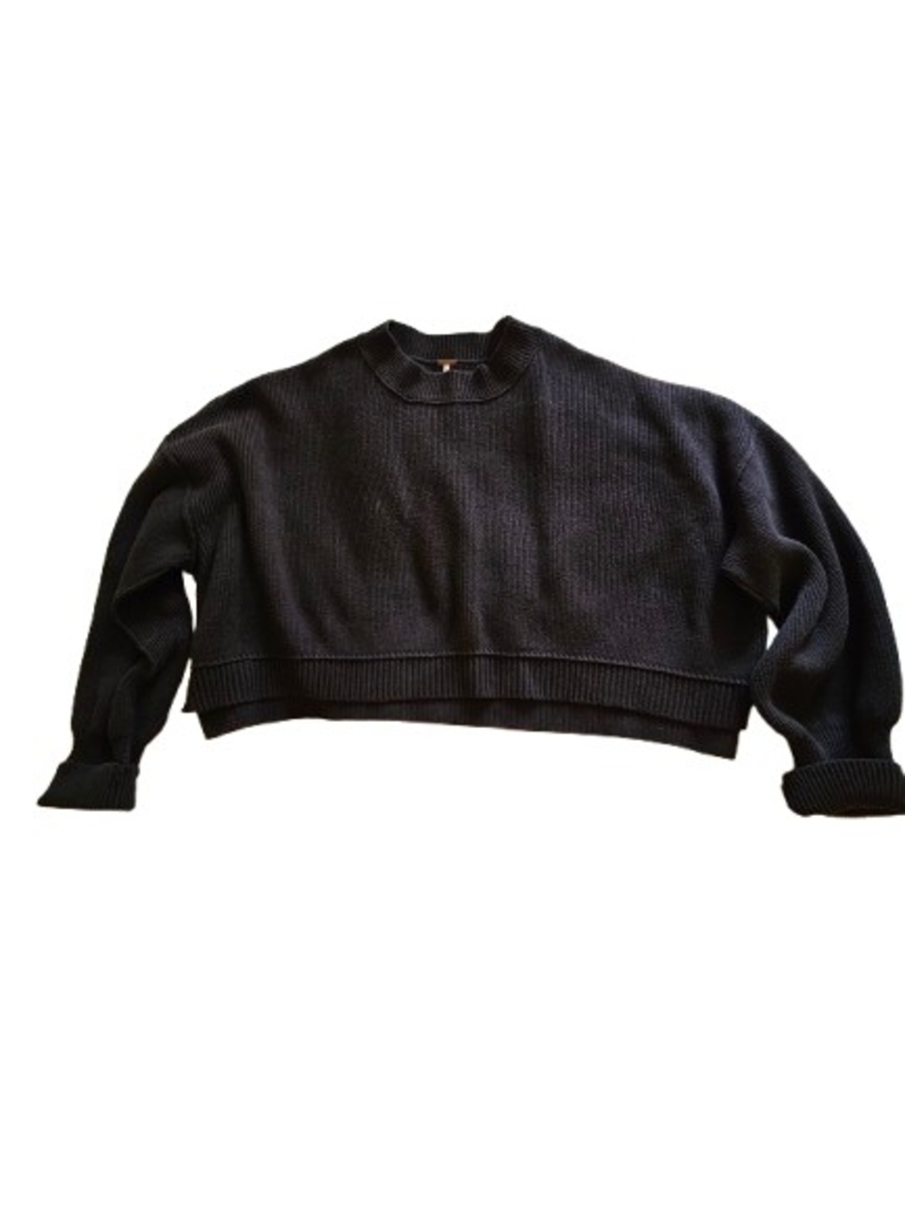 Free People Black Cropped Rib Knit Sweater XL Oversized Mock Neck Balloon Sleeve